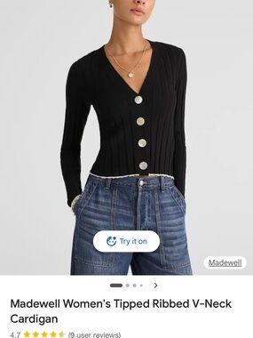 Madewell Black Ribbed V-Neck Cardigan with Contrast Edge